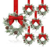 Dingion 6 Pcs 6" Christmas Mini Cabinet Wreaths for Kitchen with Ribbon Bows Red Berry Small Window Wreath for Window Door Farmhouse Christmas Party Decorations (Classic Pine Style)