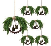 Dingion 6 Pcs Norfolk Pine Christmas Wreath with Wood Bead Small Christmas Kitchen Cabinet Wreath Mini Artificial Hanging for Xmas Window Front Door Chair Wall Farmhouse Decor