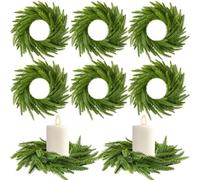 Dingion 6 Pcs Norfolk Pine Wreath Candle Ring Wreath Outer Diameter 6 Inch Artificial Pillars Wedding Green Pine Ornament for Christmas Farmhouse Table Decoration Xmas Table Centerpiece