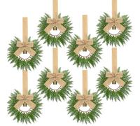 Dingion 8 Pcs 9.8" Small Christmas Cabinets Wreaths Mini Wreaths for Kitchen Window Chair Backs with Ribbon Bell Artificial Greenery for Farmhouse Holiday Decoration(Rough Linen,Classic,Linen Color)