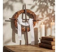 Dingion Lent Holy Thursday Easter Rustic Mini Nail Cross Wreath with White Velvet Ribbon 7in Christian Catholic Nail Cross Decor Christian Grapevine Crown of Thorns for Lent Holy Week Home Altar