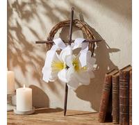 Dingion Lent Holy Thursday Easter Rustic Mini Nail Cross Wreath with White Velvet Ribbon Lily 7in Christian Catholic Nail Cross Decor Christian Grapevine Crown of Thorns for Lent Holy Week Home Altar