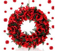 Dingion Memorial Poppy Wreath 12.6'' Artificial Spring Summer Wreath with Poppy Flowers Green Leaves for Front Door Floral Decor for Outdoor Indoor Home Farmhouse Independence Day Veterans Day