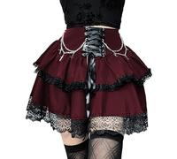DINGJIUYAN 2 Layered Mini Skirt with Chains Gothic Y4k Ruffle Pleated Skirts Steampunk Lace Hem Front Bandage Short Skirt Wine Red