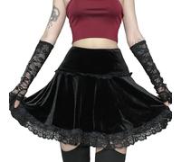 DINGJIUYAN Black Pleated Skirt,Vintage Velvet Stretchy Mini Flared Skater Skirts-Black Halloween Skirt