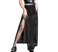 DINGJIUYAN Black Sexy Mysterious Royal Sister All-Match High Street Design Trend Mature Cool Slit Women's Flared Skirt Girl Long Skirts, L
