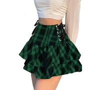 DINGJIUYAN Gothic Aesthetic Green Plaid Pleated Skirt Vintage Ruffle Mini Skirts Streetwear High Waist Eyelet Bandage Skirts