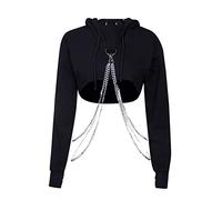 DINGJIUYAN Gothic- Punk Metal Chain-Solid Black-Harajuku-Hooded Cropped Tops, Grunge, Casual Style