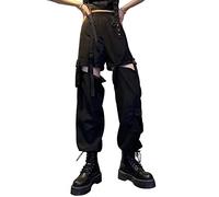 DINGJIUYAN Gothic Streetwear Women's Cargo Pants with Chain Punk Techwear Black Oversize Korean Fashion Wide Leg Trousers