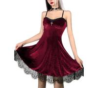 DINGJIUYAN Gothic Velvet Mini Dress Sleeveless Women Spaghetti Straps Dress | Dark,Lace Hem,Strapless,Sleeveless,Vintage,High Waist Retro Slit Party Short Outfit