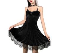 DINGJIUYAN Gothic Velvet Mini Dress Sleeveless Women Spaghetti Straps Dress | Dark,Lace Hem,Strapless,Sleeveless,Vintage,High Waist Retro Slit Party Short Outfit