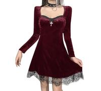 DINGJIUYAN Steampunk Velvet Lace Dress Women Halloween Gothic Mini Dresses | Long Sleeve V Neck Wedding Guest Vintage Party Dress