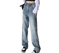 DINGJIUYAN Vintage Blue High Waist Women Jeans Stars American Fashion Streetwear Wide Leg Jean Female Trouser Straight Baggy Denim Pants