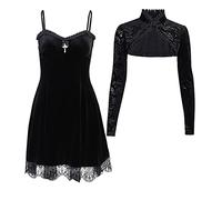 DINGJIUYAN Women Vintage Gothic Cape Dress Autumn Two Piece Sheer Mesh Cape Patchwork Pleated Peter Pan Collar Elegant Retro Goth Dresses