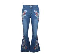 DINGJIUYAN Womens Flared Floral Embroidered Jeans Mid Waist Stretchy Flared Jean Casual Trousers Girls Teens Blue S