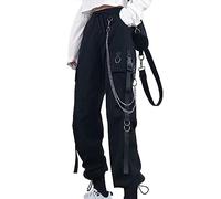 DINGJIUYAN Women's Gothic High Waisted Cargo Trouser Baggy Pants with Chain | Black Goth Parachute Trousers with Elastic Waist,Loose Casual Street Rock Y2k Style,Harajuku, Punk and Emo Halloween Outfits