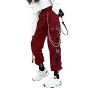 DINGJIUYAN Women's Gothic High Waisted Cargo Trouser Baggy Pants with Chain | Black Goth Parachute Trousers with Elastic Waist,Loose Casual Street Rock Y2k Style,Harajuku, Punk and Emo Halloween Outfits