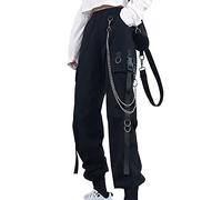 DINGJIUYAN Women's Gothic High Waisted Cargo Trouser Baggy Pants with Chain | Black Goth Parachute Trousers with Elastic Waist,Loose Casual Street Rock Y2k Style,Harajuku, Punk and Emo Halloween Outfits