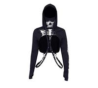 DINGJIUYAN Y2K Gothic Hoodies Hooded Long Sleeve Eyelet Suspenders Solid Black Crop Sweatshirt for Women