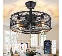 DINGLILIGHTING Caged Ceiling Fan with Light: 20" Farmhouse Fandelier with Light and Remote APP Control - Black Quiet DC Motor Rustic Chandelier with Fan for Bedroon Kitchen Living Dining Room