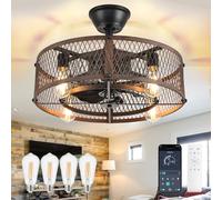 DINGLILIGHTING Caged Ceiling Fan with Light: 20" Farmhouse Fandelier with Light and Remote APP Control - Walnut Quiet DC Motor Rustic Chandelier with Fan for Bedroon Kitchen Living Dining Room