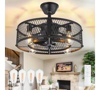 DINGLILIGHTING Caged Ceiling Fan with Light: 20" Farmhouse Fandelier with Light and Remote Control - Black Quiet DC Motor Rustic Chandelier with Fan for Bedroon Kitchen Living Dining Room