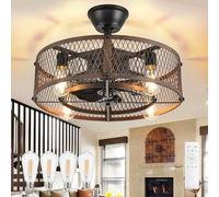 DINGLILIGHTING Caged Ceiling Fan with Light: 20" Farmhouse Fandelier with Light and Remote Control - Walnut Quiet DC Motor Rustic Chandelier with Fan for Bedroon Kitchen Living Dining Room