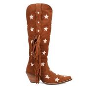 Dingo Womens Super Star Fringe Tooled Inlay Snip Toe Casual Boots Over the Knee Mid Heel 2-3" - Blue, Camel, 5.5 UK