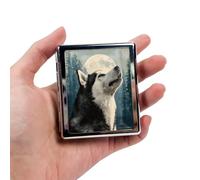 DingRound 8-Compartment Metal Pill Box Organizer - Portable Medicine Case 3″×2.6″ | Food-Grade Dividers | Secure Snap Button Lid | Travel & Gift for Seniors (Howling at The Moon)