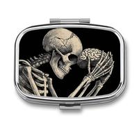 DingRound Metal Pill Organizer - 2-Compartment Pocket Pill Box for Vitamins, Supplements, Medications - Compact Travel Case (Skeleton Holding Its Brain)