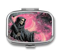 DingRound Metal Pill Organizer - 2-Compartment Pocket Pill Box for Vitamins, Supplements, Medications - Compact Travel Case (Grim Reaper in Cosmic Pink)