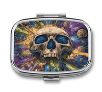 DingRound Metal Pill Organizer - 2-Compartment Pocket Pill Box for Vitamins, Supplements, Medications - Compact Travel Case (Explosion Skull Pop Art)