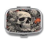 DingRound Metal Pill Organizer - 2-Compartment Pocket Pill Box for Vitamins, Supplements, Medications - Compact Travel Case (Mushroom Infestation Skull)