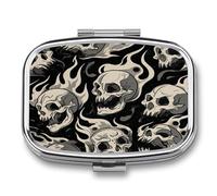 DingRound Metal Pill Organizer - 2-Compartment Pocket Pill Box for Vitamins, Supplements, Medications - Compact Travel Case (Flaming Skulls)