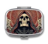 DingRound Metal Pill Organizer - 2-Compartment Pocket Pill Box for Vitamins, Supplements, Medications - Compact Travel Case (Reaper Skull with Sacred Halo)