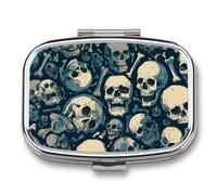DingRound Metal Pill Organizer - 2-Compartment Pocket Pill Box for Vitamins, Supplements, Medications - Compact Travel Case (Skull Bones)