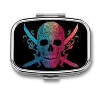 DingRound Metal Pill Organizer - 2-Compartment Pocket Pill Box for Vitamins, Supplements, Medications - Compact Travel Case (Ornate Rainbow Skull)
