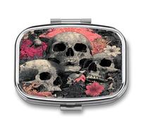 DingRound Metal Pill Organizer - 2-Compartment Pocket Pill Box for Vitamins, Supplements, Medications - Compact Travel Case (Skulls in Bloom)