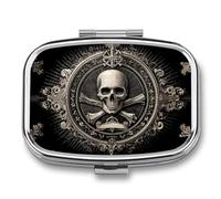 DingRound Metal Pill Organizer - 2-Compartment Pocket Pill Box for Vitamins, Supplements, Medications - Compact Travel Case (Baroque Skul)