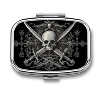 DingRound Metal Pill Organizer - 2-Compartment Pocket Pill Box for Vitamins, Supplements, Medications - Compact Travel Case (Ornate Skul)