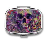 DingRound Metal Pill Organizer - 2-Compartment Pocket Pill Box for Vitamins, Supplements, Medications - Compact Travel Case (Psychedelic Skull Frenzy)