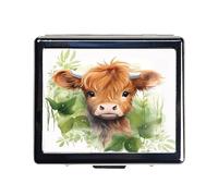 DingRound Silver Vintage Pill Box 7 Day Metal Pill Box with Mirror and 8 Compartments Cute Travel Pill Organizer for Purse (Watercolor Highland Cow)