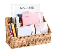 DINGTAI Natural Woven Desk Organiser, 4-Compartment Office Organiser, 31.5 x 15 x 19 cm, Rustic Style, Natural Color