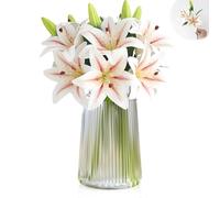 Dinhauyon 6Pcs Artificial Lily Flowers, Decorative Artificial Flowers, White&Pink Short Stem Fake Tiger Lily with 12 Blooming Heads and 6 Buds for Home Office Wedding Arrangement Party(Excluding vase