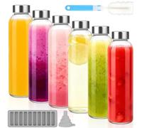 Dinhauyon 6Pcs Glass Juice Bottles, 500ml Reusable Drinking Bottles with Lids, Leak-Proof Stainless Steel Seal, Brush and Funnel & Ice Tray,Ideal for Juices, Smoothies