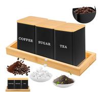 Dinhauyon Coffee Tea Sugar Set, Storage Canister Set with Tray, Airtight 1000ml Canisters with Lids, 3-Piece Kitchen Storage Containers for Dry Food, Coffee, Tea, Sugar