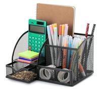 Dinhauyon Desk Supplies Organisers, Mesh Desk Organiser with 6 Compartments and 1 Sliding Drawer, Multi Functional Office Tidy Accessories, Metal Stationary Storage Pen Holder for School