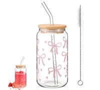 Dinhauyon Drinking Jars,16 oz Pink Bow Glass Cup, Versatile and Stylish Drinking Glass Cups with Lids and Straws Aesthetic Gifts for Women Girls Friends