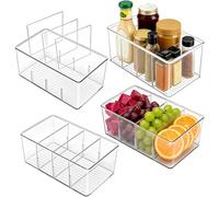 Dinhauyon Fridge Organisers, 4 Pack Food Storage Containers with 3 Dividers,Clear Plastic Stackable Container for Kitchen Party Storage & Organisation, Cupboard Drawer Organiser