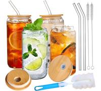 Dinhauyon Glass Cups with Lids and Straws, Iced Coffee Cup, 4 Pcs 500ml/17oz Glass Cup with Cleaning Brush,Iced Coffee Can for Milk Water Coke Soda Liquor Juice Smoothie Parties